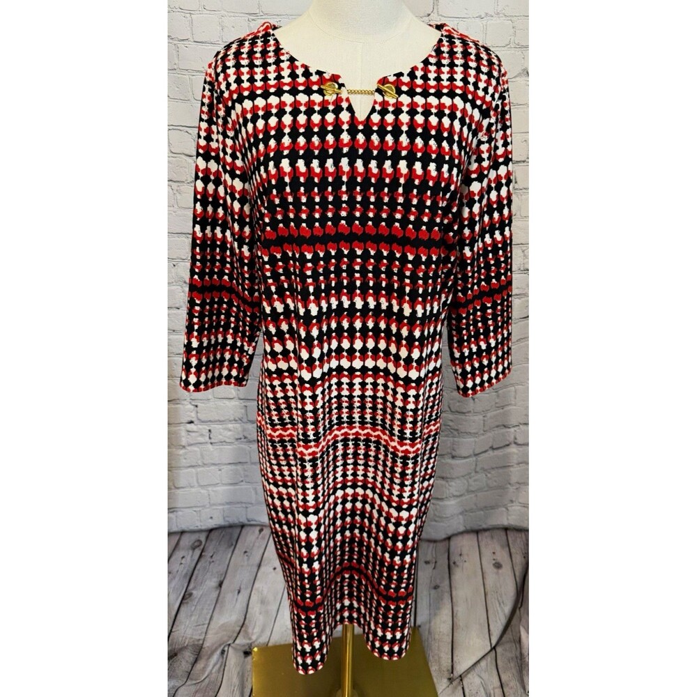 ILE New York Black Red White Geometric Knit Sheath Dress 3/4 Sleeve Size 12